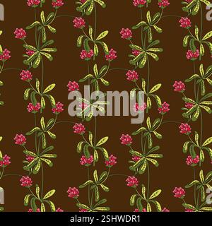Botanisches abstraktes Pflanzen-nahtloses Muster mit Wildblumen Kleeblatt-Vektor-Illustration. Wiederkehrendes Retro-Blumenmuster in braunem Hintergrund. Greif Stock Vektor