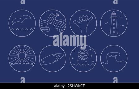 Einfache dünne Linie rund um den Ozean, Surf-Symbole für Aufkleber, T-Shirt, Merch-Design. Weißes Vektorabzeichen mit Sonne, Brett, Welle. Stock Vektor