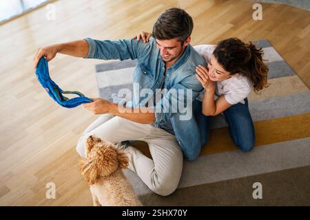 Der süße Hund liebt die Liebe von den Besitzern zu Hause. Ein paar Haustiere und kümmert sich um einen felligen Freund, der eine Bindung schafft. Stockfoto