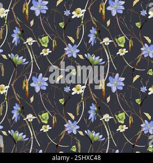 Zweig mit Katzetten, Frühlingsblumen blau hepatica Vergissmeinnot, weiße Waldanemonenkerze, Aquarell handgezeichnet. Nahtloses Muster Botanical Stockfoto