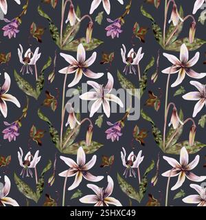 Frühlingsblumen, malve Magnolie camelia Knospe, lila Orchideenwicke, weiße Forelle Lilie, Erythronium corydalis handgezeichnet in Aquarellen. Nahtloses Muster Stockfoto