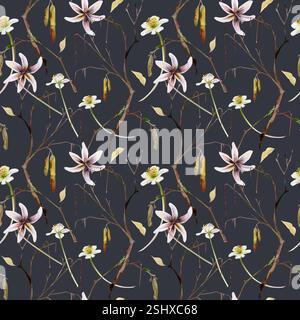 Zweig mit Katzetten, Frühlingsblumen Weiße Waldanemone Kerze, Kitzforelle Lilie, Aquarell handgezeichnet. Botanische Illustration mit nahtlosem Muster Stockfoto