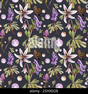 Frühlingswaldblumen, weiße Kitzforellenlilie, lila corydalis-Wicke Orchidee, braune Blätter, handgezeichnete Blasen in Aquarellfarben. Botanische Illustration Stockfoto