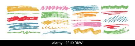 Farbige Holzkohleunterstriche, Kritzeleien und wellige Pinselstriche. Kinder handgezeichnete Doodle Squiggles, lockige Linien. Bleistiftkreide denken und raue Streifen, Freihandkreide Flecken isoliert auf weißem Hintergrund Stock Vektor