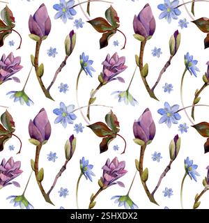 Frühlingsblumen, malvenfarbene Magnolie kamelien Knospen, blaue hepatica Vergiss-mich-nicht, Waldanemonen-Kerze, Aquarell handgezeichnet. Nahtloses Muster Stockfoto