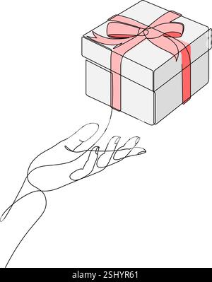Menschliche Hand hält Geschenkbox durchgehende Linienzeichnung. Eine Überraschung für eine Linie. Das Geburtstagssymbol wird durch eine Zeile gezeichnet. Vektorabbildung Stock Vektor