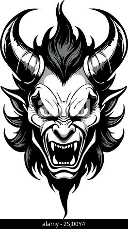 Ein Vektorbild eines bedrohlich aussehenden Dämons, ein übernatürliches Wesen mit Hörnern und scharfen Zähnen. Stock Vektor