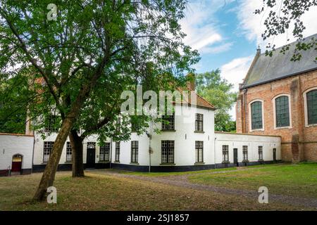 Blick auf die Häuser und den Garten des Beguinage Ten Wijngaerde, Brügge Stadtbild, Belgien Stockfoto