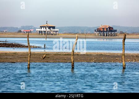Fischerhütten auf Stelzen in Arcachon Bay, Arcachon, Département Gironde, Nouvelle-Aquitaine, Frankreich, Europa Stockfoto