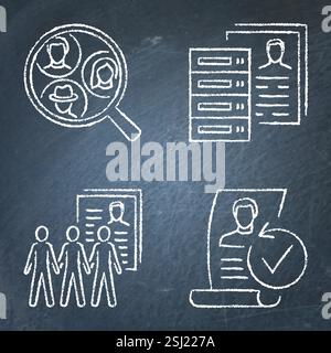 Symbolsatz für die Genealogie-Datenbank und persönliche Informationsdatensätze des Schwarzen Bretts. Vektorabbildung. Stock Vektor