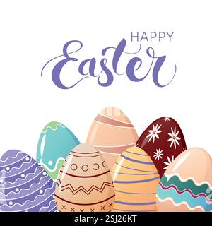 Layout Für Frohe Ostergrüße. Viele farbige Ostereier und handschriftliche Osterworte in Pastellfarben. Horizontales Banner, Cover oder Website-Header. Stock Vektor