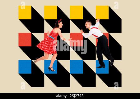 Collage Design Trend Artwork Skizze Rhythmus Mode Kultur Leidenschaft Pose dynamische Flexibilität junge Dame Pinup Stil Mann tanzen zusammen Stockfoto