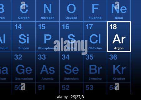 Argon-Element im Periodensystem. Edelgas mit der Atomzahl 18 und dem Symbol AR aus dem griechischen Wort Argon, was faul oder inaktiv bedeutet. Stockfoto
