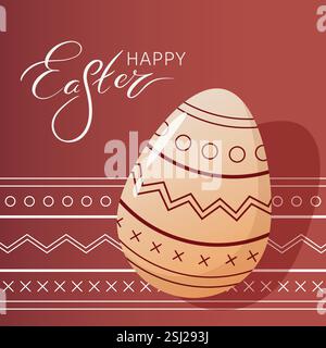 Happy Easter Grußkarte. Ester Egg mit Ornamentmuster verziert, vor demselben Hintergrund und Handschrift Osterwort. Quadratisches Banner Stock Vektor