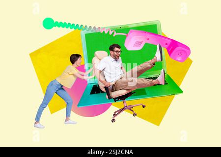 Skizze Composite 3D Foto Collage Trend Artwork von HR Rekrutierung junge Dame Push man Sessel Büromanager Laptop Festnetz Telefon Stockfoto