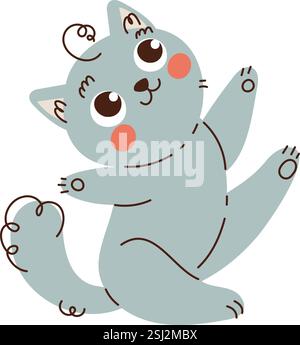 Entzückende digitale Illustration einer verspielten Katze mit großen Augen und rosigen Wangen, gezeichnet in einem skurrilen, minimalistischen Stil mit sanften Farben. Niedlich Verspielt Ca. Stock Vektor