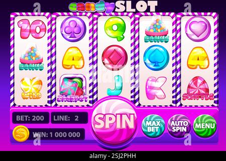 Candy Slot UI mit Slot-Symbolen. UI-Spielautomat mit Knöpfen und Symbolen zum Thema Sweet oder Candy Stock Vektor