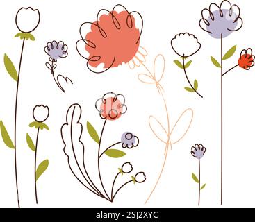 Minimalistische digitale Illustration von zarten handgezeichneten Blumen und Blättern in einem skurrilen Stil, mit sanften Farben und verspielter Strichkunst. Skurril Stock Vektor