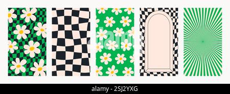 Abstraktes psychedelisches Retro-Muster-Set. Groovige trendige Hintergründe im abstrakten y2k-Stil. Vektorgrafik für Poster und Kunstdrucke. Stock Vektor