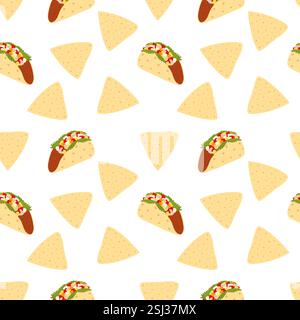 Fleisch gefülltes Taco und dreieckiges Nacho nahtloses Muster. Traditionelles mexikanisches Essen Hintergrundkonzept. Isolierte Vektor Illustration Hintergrundbild, Verpackung, Lieferung oder Web Promo Banner, Faltblatt, Menükarte Stock Vektor