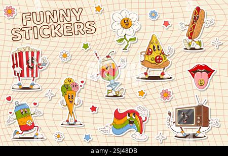 Cartoon Groovy Character Aufkleber Pack. Vektor-Set von Retro-Fast-Food-Persönlichkeiten wie Popcorn, Cola-Dose, Eis und Cocktail. Pizzascheibe, Hotdog Stock Vektor