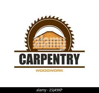 Tischlerei und Holzarbeiten Service Icon mit Kreissägeblatt für Tischlerei Werkstatt, Vektor-Emblem. Tischlerei und Handwerker Holzbearbeitungsservice Symbol f Stock Vektor