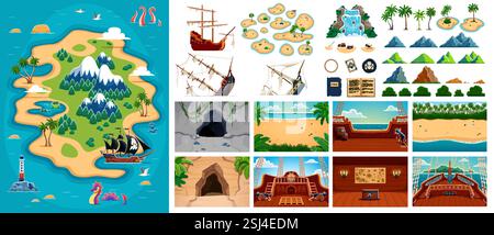 Piratenspiel-Assets mit versunkenen Schiffen, tropischen Schatzinseln, Schiffsdeck und Landschaftsdetails. Piratenspiel Vektorelemente und -Assets Set, Cartoon t Stock Vektor