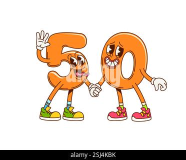 Groovige fünfzig mathematische Zahlenzeichen. Kinder Bildungsnummer Retro Happy Maskottchen. Mathematik-Ziffer 60er 70er Jahre groovige isolierte Vektor-lustige Persönlichkeit. Schoo Stock Vektor
