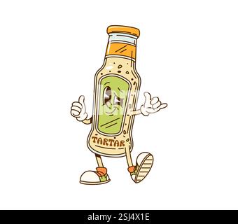 Cartoon groovige Tatar Soße Charakter mit lustigem Gesicht, Vektor Comic Emoji. Groovige Glasflasche mit Tatar-Sauce im Retro-Cartoon mit funky Happy Smile und Stock Vektor