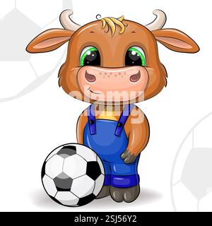 Niedlicher Cartoon-Stier mit Fußball. Vektor-Illustration eines Tieres, das Fußball auf einem weißen Hintergrund mit Bällen spielt. Stock Vektor
