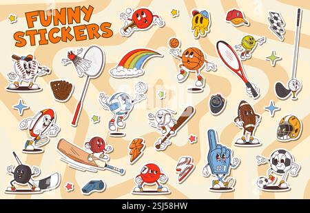 Cartoon-Sticker mit tollen Sportfiguren, Spielerausrüstung und Retro-Hippie-Symbolen. Lustige Bälle, Schläger und Fledermäuse, Hippie-Regenbogen, Groov Stock Vektor