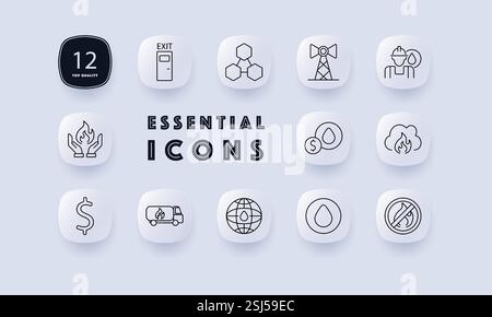 Symbol Energiesektor festlegen. Ausgangstür, Kommunikationsturm, Öl, Gas, Feuer, Raffinerie, Sicherheit, Wirtschaftlichkeit, globale Energie, Erdöl, Kraftstoff, Umweltverträglichkeit Stock Vektor