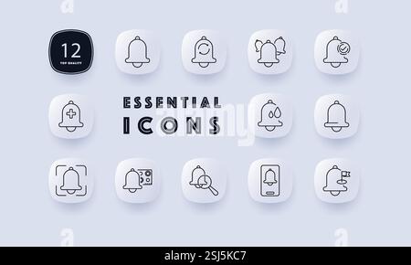 Symbol für Alarmwarneinstellungen. Notfallalarm, mehrere Benachrichtigungen, Systemüberprüfung, Zeitwarnung, E-Mail-Erinnerung, Systemwarnung, kritischer Systemfehler, Paket Stock Vektor
