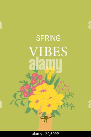 Blumenstrauß im Frühling mit bunten Blüten auf grünem Hintergrund. Stock Vektor