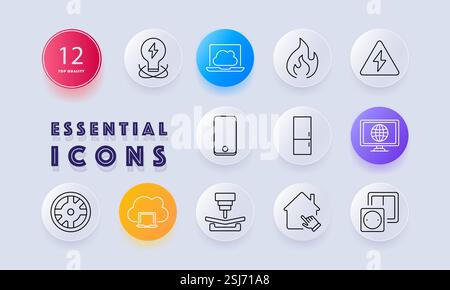 Symbol für Technologieset. Glühlampe, Cloud Computing, Feuer, elektrische Gefahren, Smartphone, Kühlschrank, Internet, Lenkrad, CNC-Maschine, Smart Home, Powe Stock Vektor