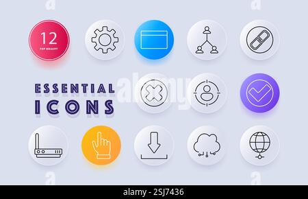 Symbol für Web-Interface-Set. Zahnradeinstellungen, Browserfenster, Hierarchie, Link, globales Netzwerk, Download, Cloud-Computing, User Targeting, Zugriff, Systemadministration Stock Vektor