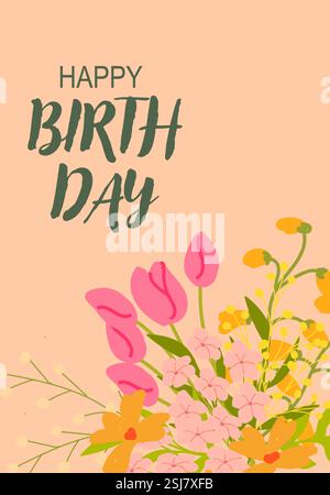 Happy Birthday Card mit bunten Blumenarrangements auf pfirsichfarbenem Hintergrund. Stock Vektor