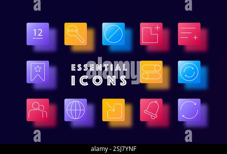 Symbol für Daten- und Kommunikationsgruppe. Lesezeichen, Suche, Filter, Liste, Einstellungen, Menschen, Internet, Globus, Synchronisierung, Update, Benachrichtigung, Interaktion Stock Vektor