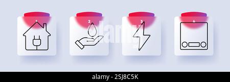 Versorgungsunternehmen und Nachhaltigkeit setzen Symbol. Elektrisches Haus, Wassereinsparung, Blitz, Batterie Stock Vektor
