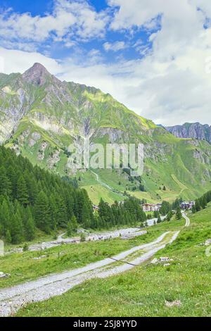 Ein kurviger Weg führt durch ein grünes Alpental in Samnaun, Schweiz, mit einem Bergdorf und zerklüfteten Gipfeln in der Ferne. Stockfoto