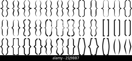 Textklammern. Geschweifte Klammern, Typografie-Klammern paarweise für Banner und Angebotsboxen. Texting begrenzt isolierte Vektorsymbole Stock Vektor