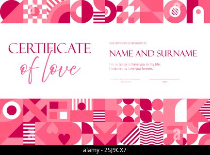 Valentinstag-Diplom mit geometrischen Formen. Vector Modern Certificate of True Love, Layoutvorlage mit auffälligem abstrakten Muster in Pink Stock Vektor