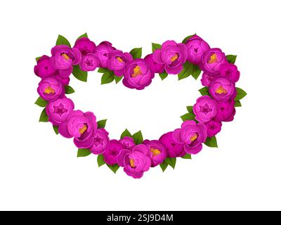 Valentinstag Blumen Herzkranz. Karikaturrahmen mit Blumenmuster aus rosa Pfingstrosen, Symbol für Liebe, Leidenschaft und Romantik für den romantischen Valentinstag c Stock Vektor
