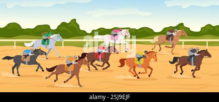 Cartoon hippodrom Wettbewerb. Pferderennbahn mit Jockeyreiten, Pferdesport und Pferdereitern. Schnelles Galoppierturnier Stock Vektor