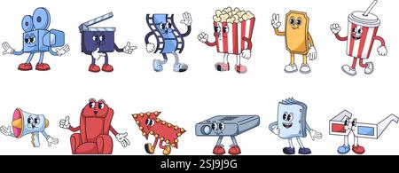 Groovige Comic-Kino-Maskottchen. Filmkamera, Wandtafel, Filmstreifen, Kinokarte, Popcorn- und Limonadasse, Megaphon, Stuhl, Pfeil, Film Stock Vektor