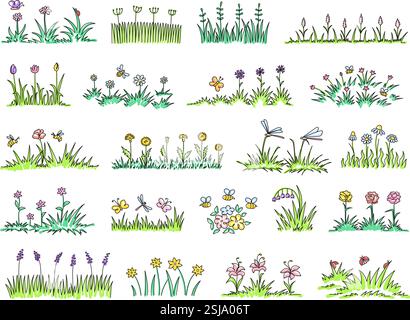 Handgezeichnete Frühlingsgrasbüschel. Bunte Gartenkritzeleien mit Grasflecken mit blühenden Feldblumen und fliegenden Insekten. Wiesengrün isoliert Stock Vektor