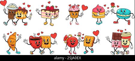 Dessertfiguren zum Valentinstag. Niedliche Retro-Maskottchen für romantischen Kuchen, Makronen, Love Croissants und Cupcake mit Herzen. Isolierter Vektor Stock Vektor