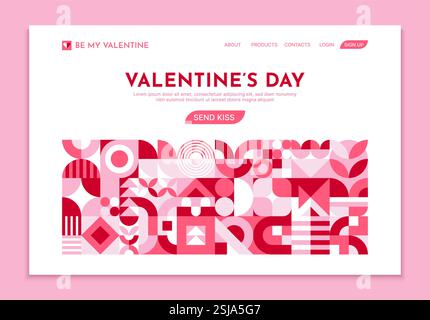 Vorlage für die Landingpage zum Valentinstag mit geometrischen Formen. Vektor modernes Webseitenlayout, Website-Hintergrund mit kräftigen roten und rosafarbenen Patten Stock Vektor