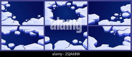 Rahmen für Eisschollen. Kalte Bannerschablone mit gefrorenem arktischem Wasser und Rissschollen. Eisbruch mit freiem Textraum, Wintervektor Stock Vektor