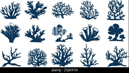 Silhouetten der Riffkorallen. Unterwasserflora des Meeresriffs, verschiedene Korallenformen und Meerespflanzen. Wasservegetation isolierte Silhouettendekorationen Stock Vektor